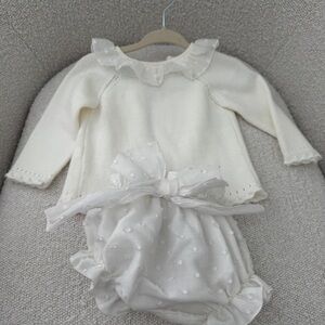 European brand Baby Cream Ruffled Collar Knit Top & Bloomers Set